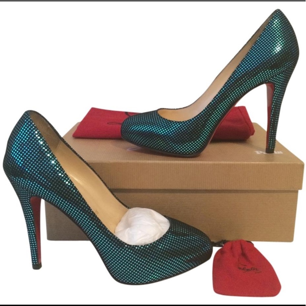 Christian Louboutin Declic 120 Suede Teal Pumps 38